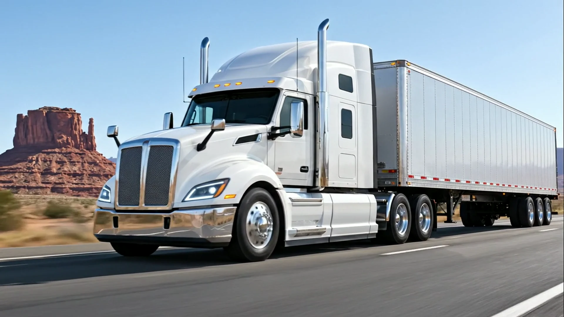 AI-generated concept film: white American semi truck on a Southwest US highway